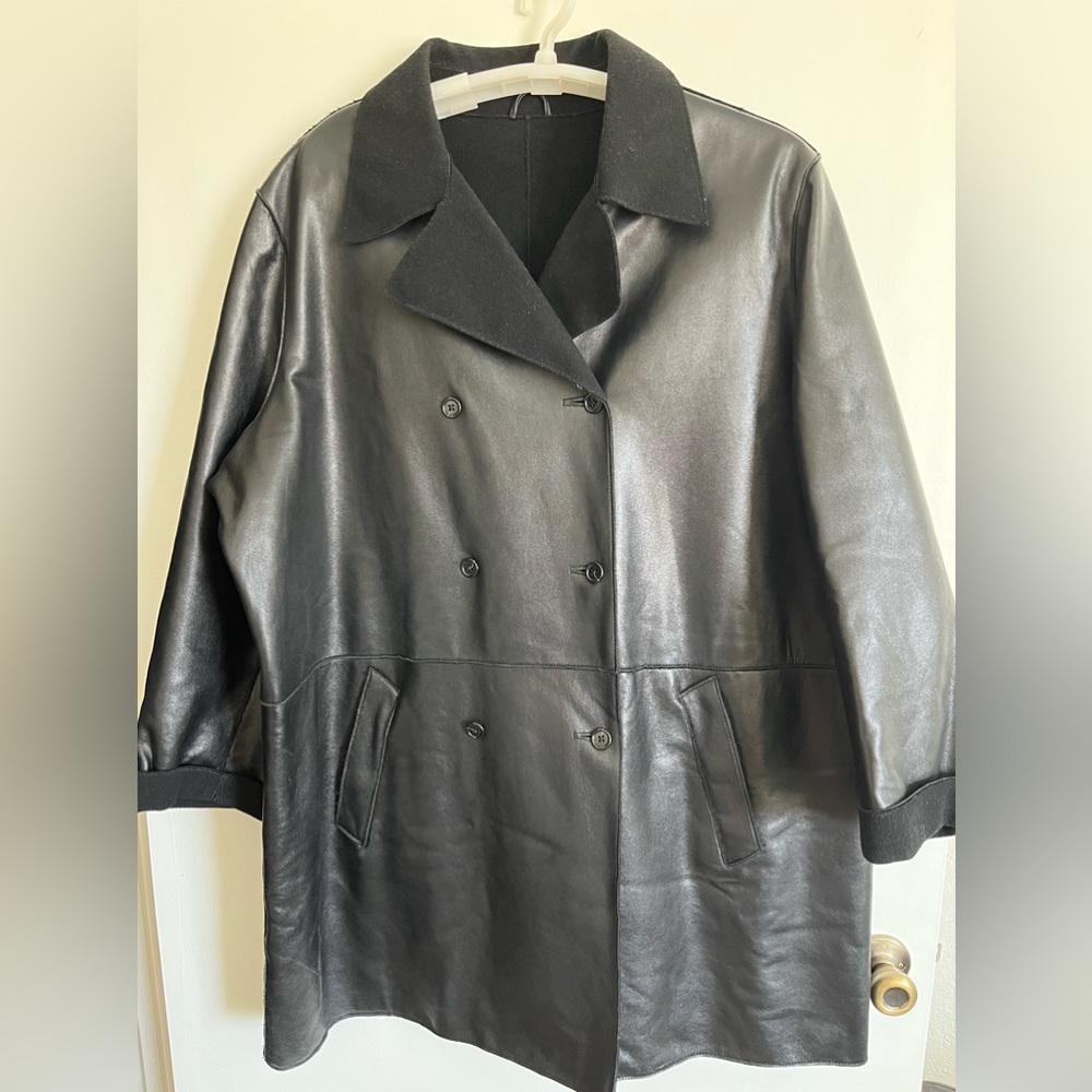 Black leather coat with black wool lining plus size